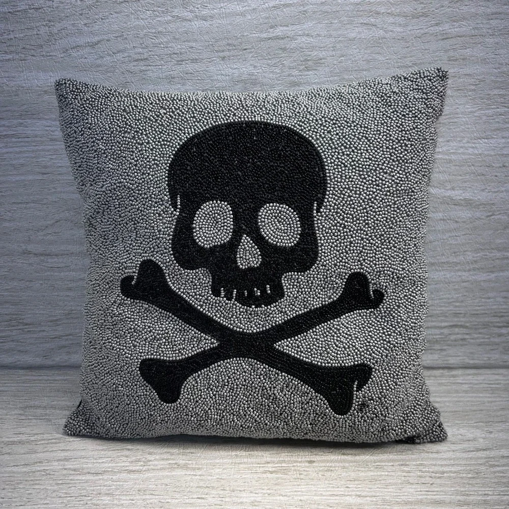 Pottery Barn Beaded Skull‎ Crossbones Pillow Black Silver Square 12x12 Accent